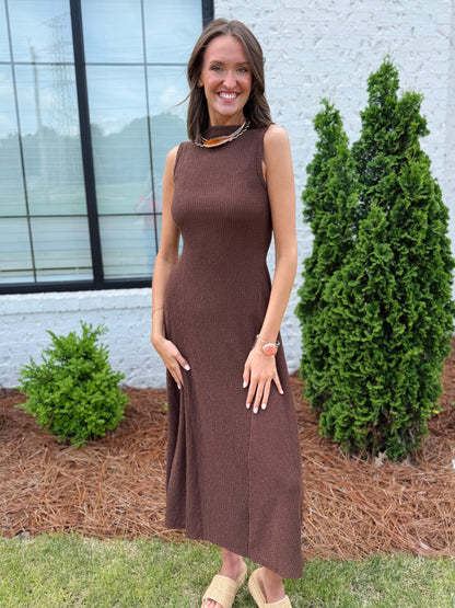 Sleeveless High Neck Brown Dress