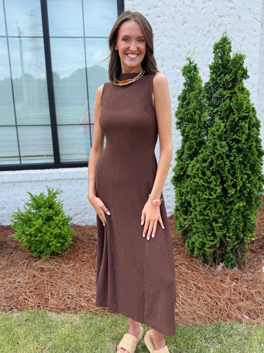 Sleeveless High Neck Brown Dress