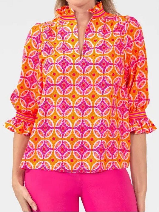 Bright Pink & Orange Ruffleneck Top
