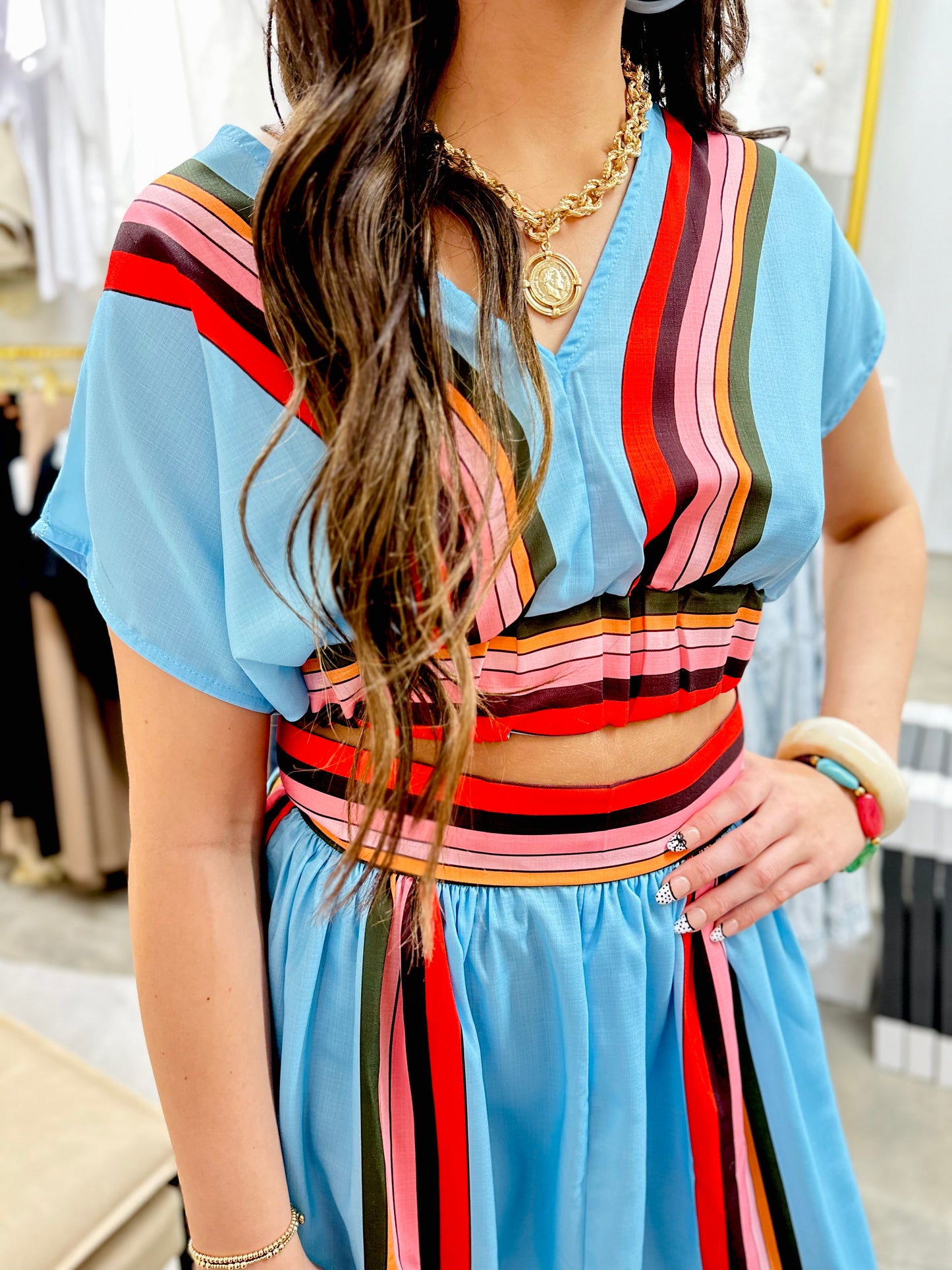 Blue & Red V-Neck Skirt Set