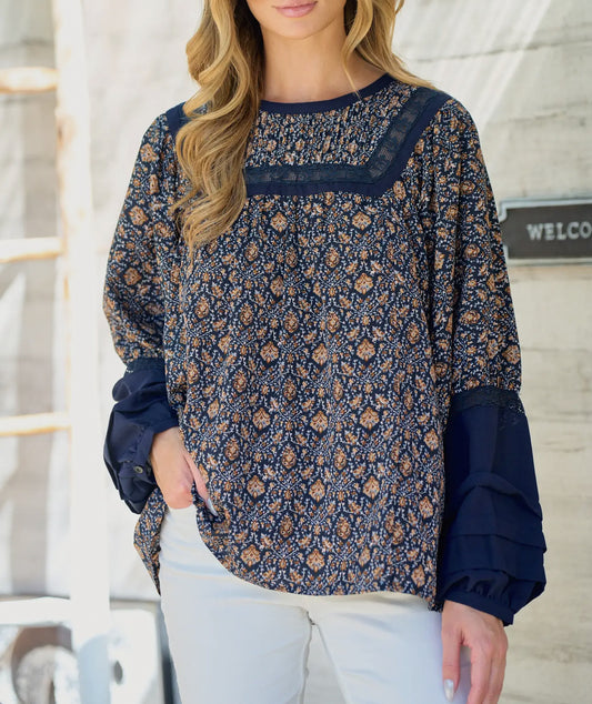 Contrast Sleeve Top/Navy Print