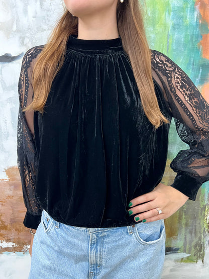 Black Velvet Blouse w/ Lace Sleeve