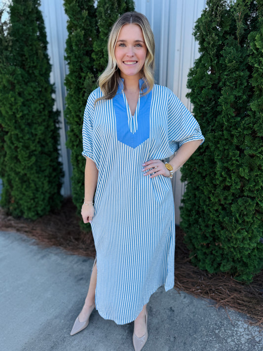 Blue V Collar Dress Striped