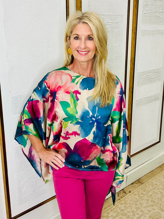 Floral Satin Poncho Top