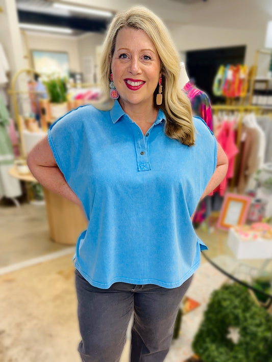 Plus Cap Sleeve Polo Top Marine Blue