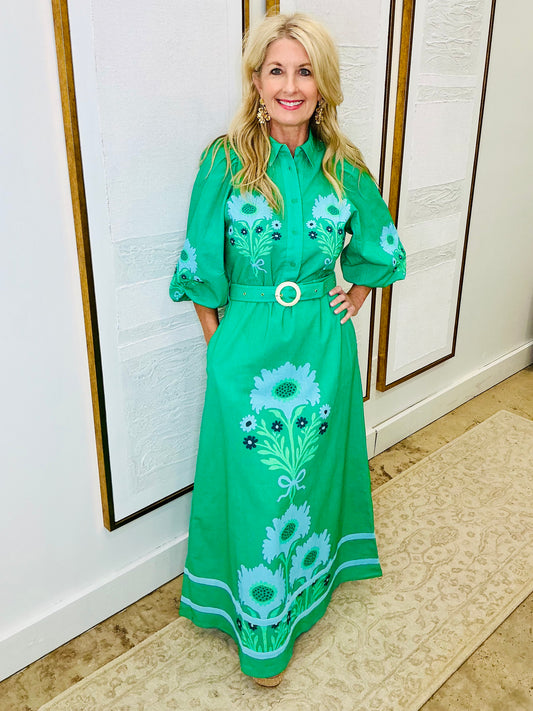 Green Cotton Lined Floral Dress