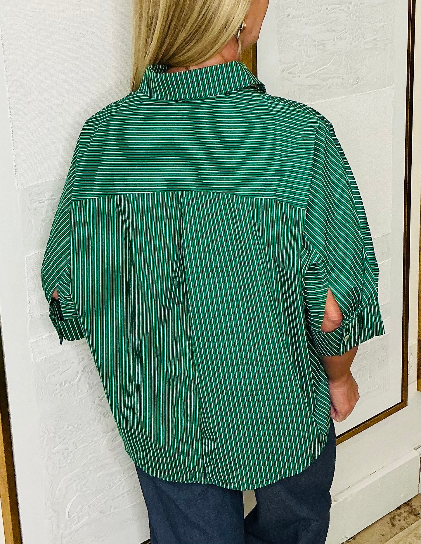 Green Striped Button Up Top