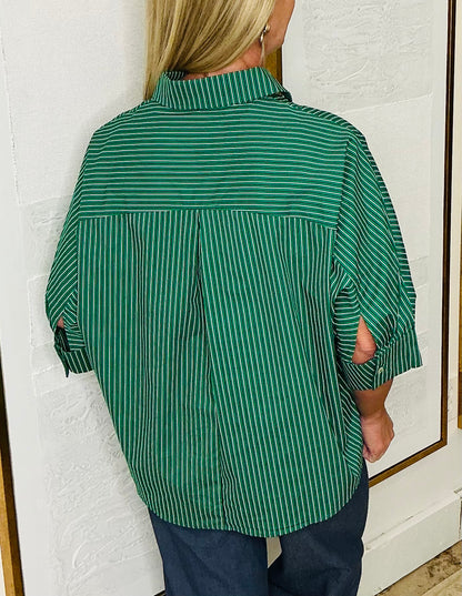 Green Striped Button Up Top