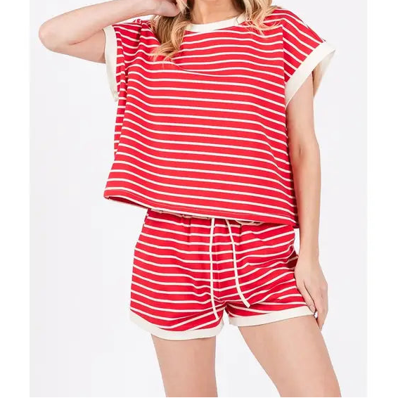 Red Stiped Round Neck Short Set
