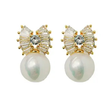 Gold Pearl Sparkler Bow Earrings