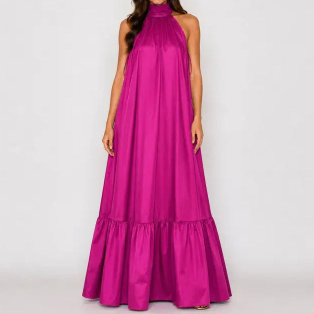 Pink Satin Halter Maxi Dress