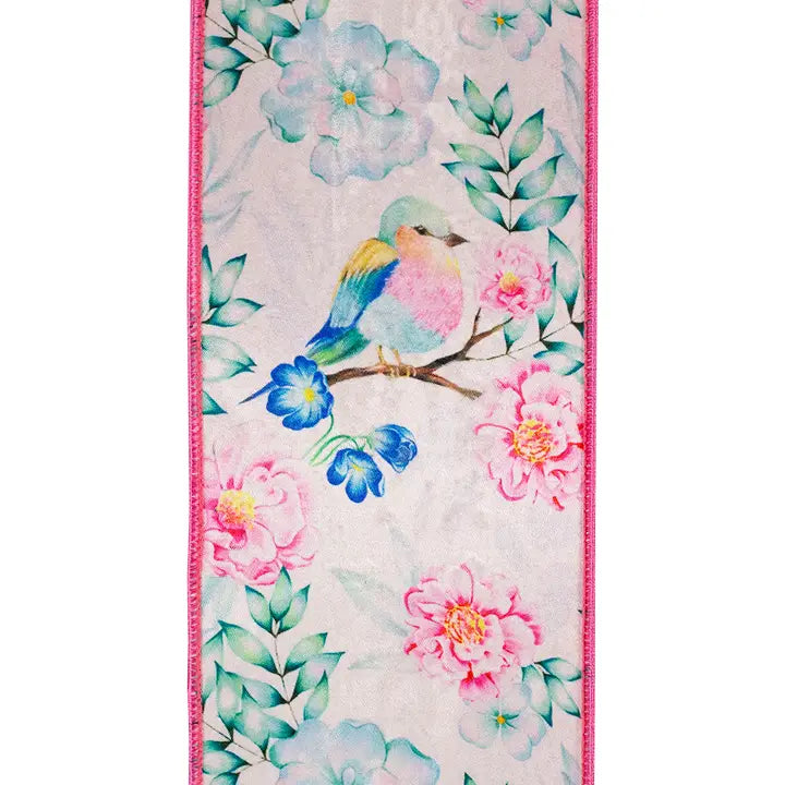Pink Floral Bird Ribbon 4" x 10 Yards