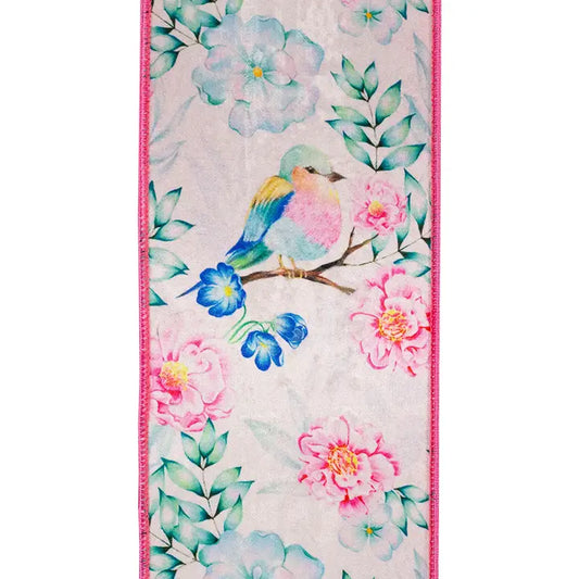Pink Floral Bird Ribbon 4" x 10 Yards