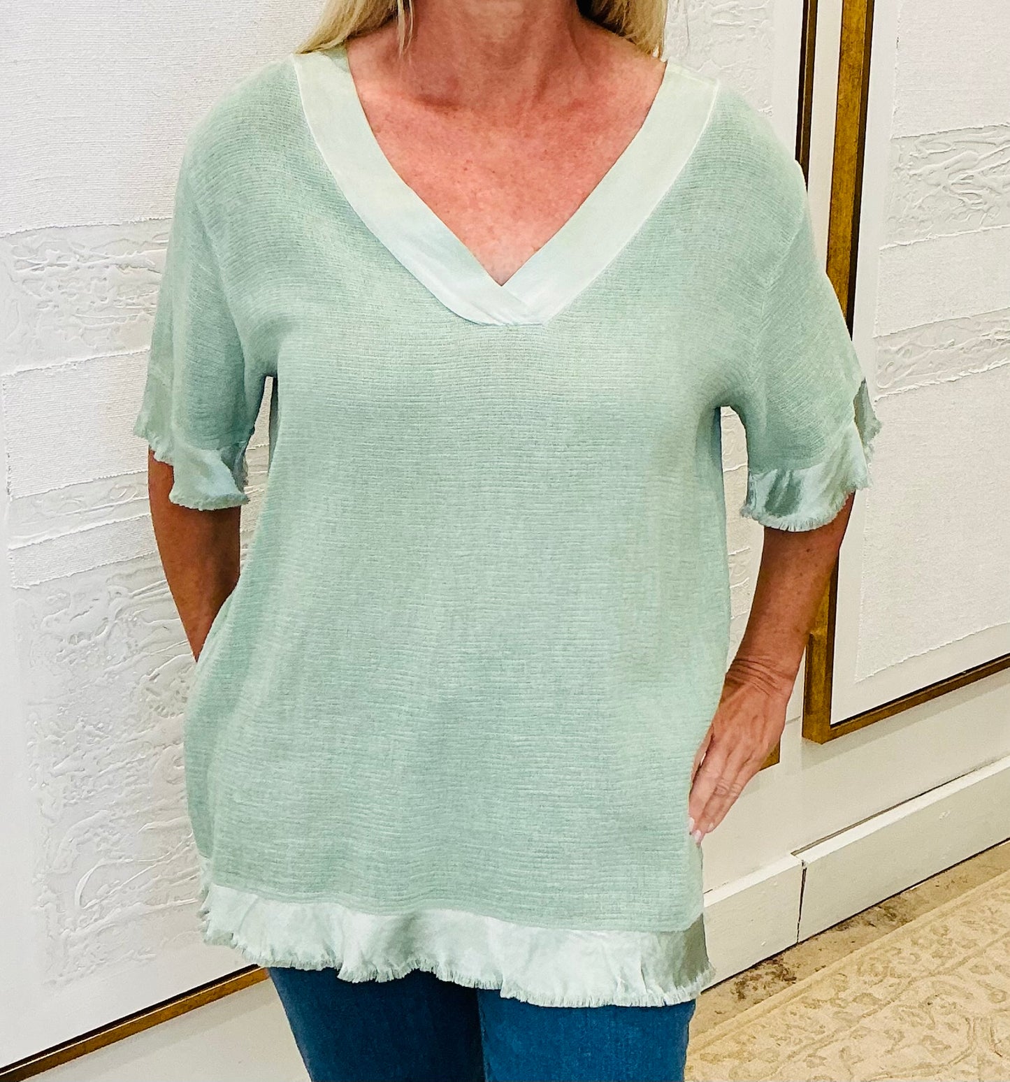 Satin Trimmed Linen Top