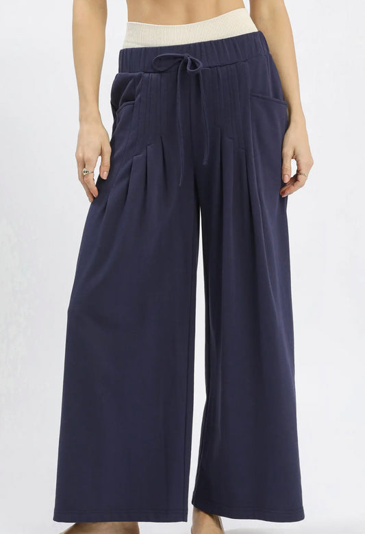 Navy Wide Leg Drawstring Pants