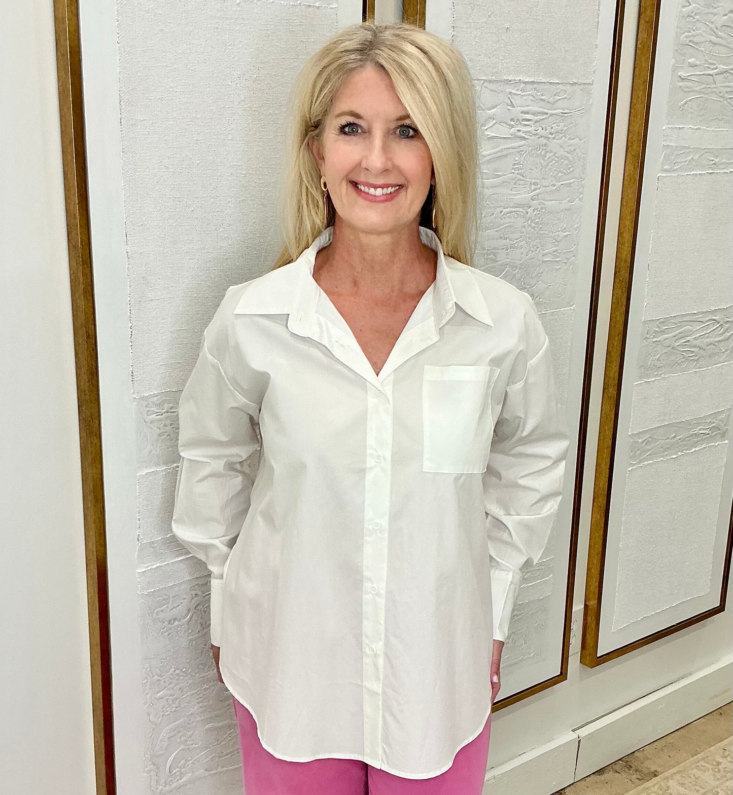 White Button-Down Long Sleeve Top