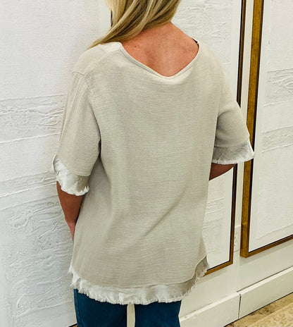 Satin Trimmed Linen Top