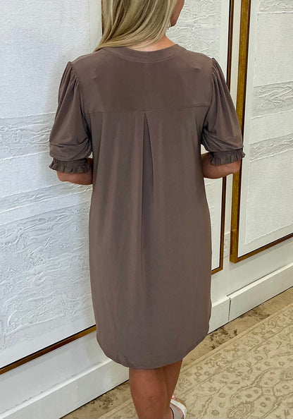 Mocha Smocked Sleeve Shirt Dress