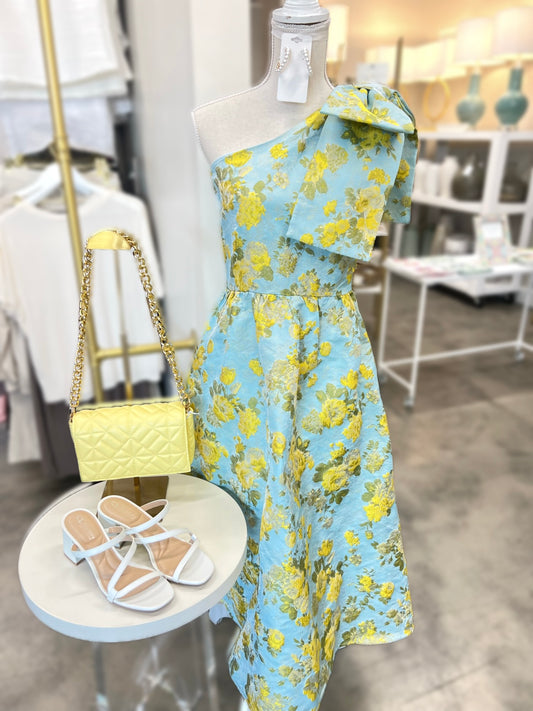 Blue & Yellow Floral One Shoulder Dress
