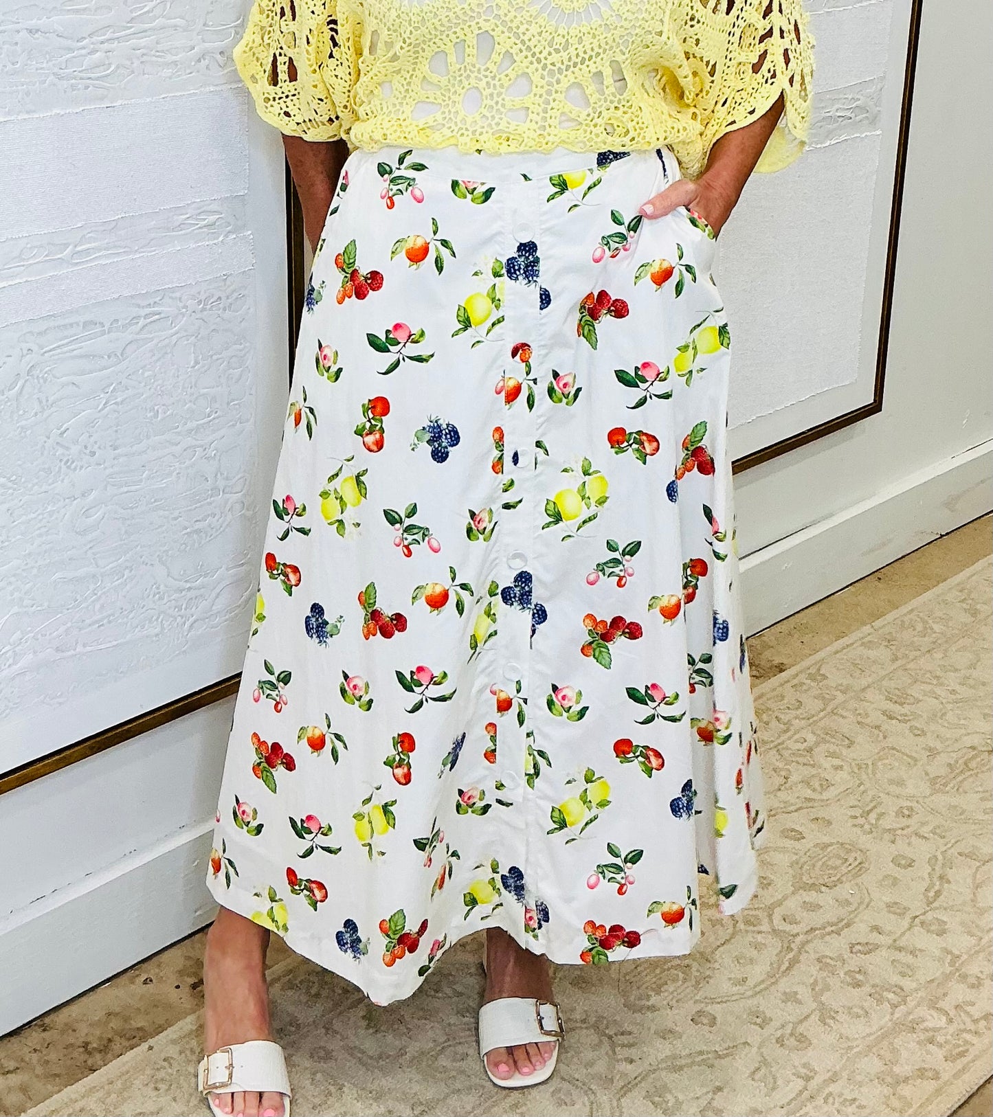 White Fruit Print Skirt