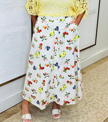 White Fruit Print Skirt
