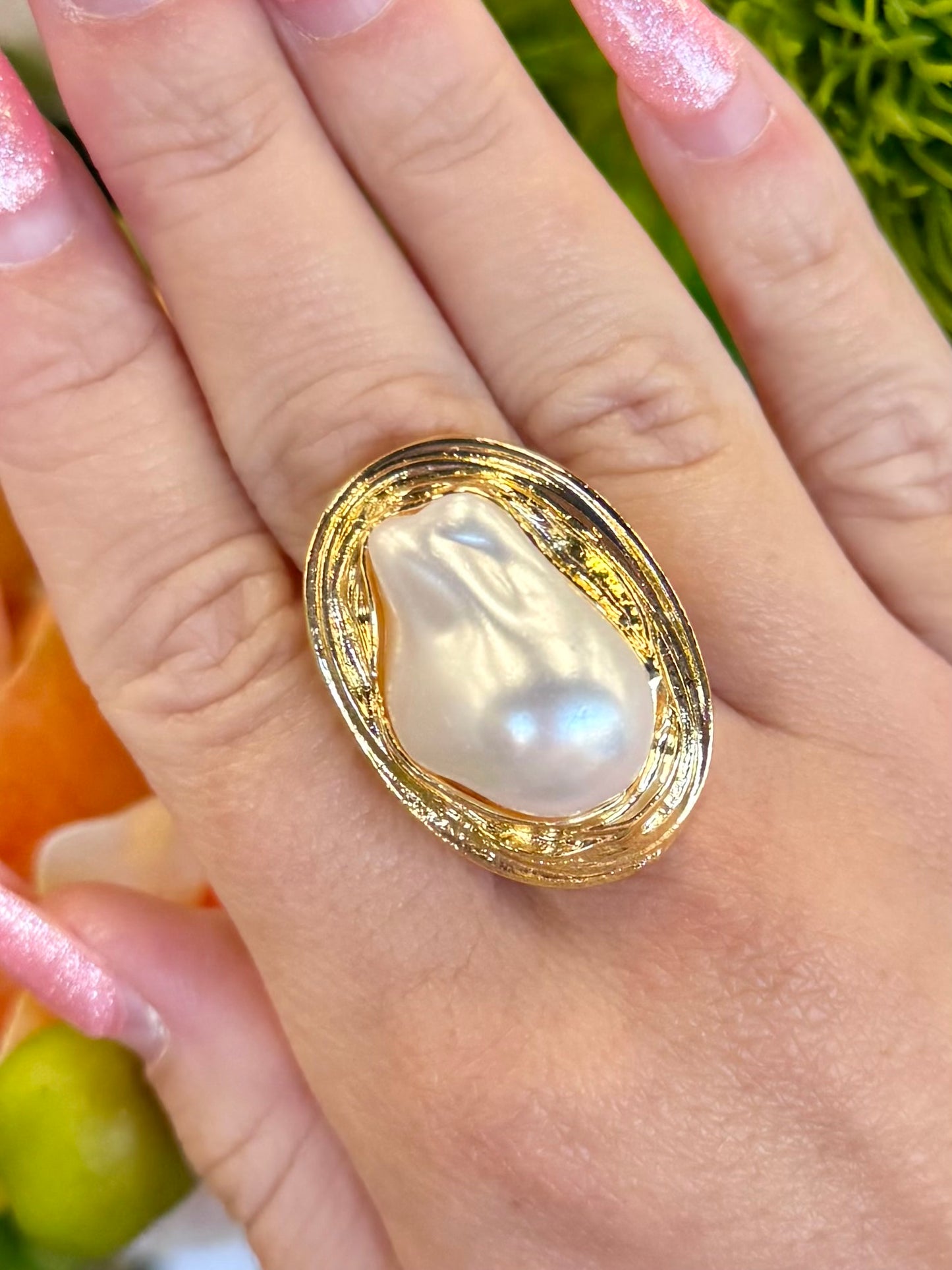 Adjustable Gold Plated Pearl Ring