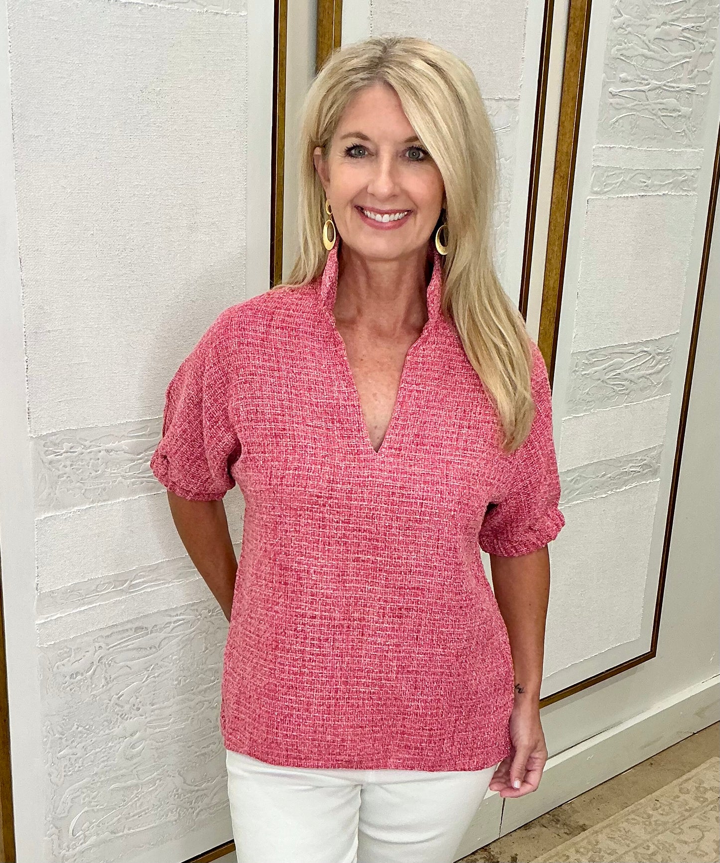Betsy Collar Tweed Top Pink