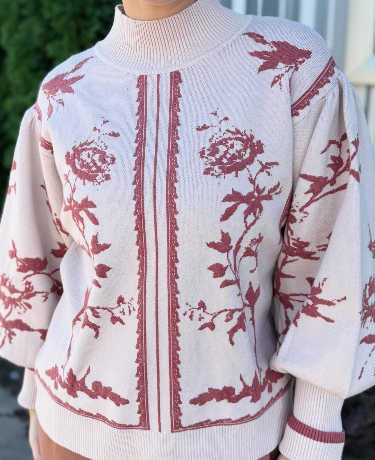 Red & Cream Balloon Sleeve Sweater