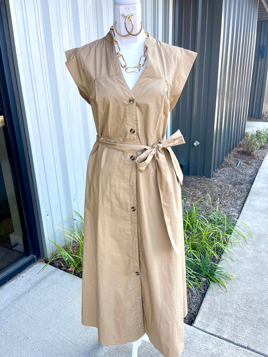 Taupe Button Down Belted Dress