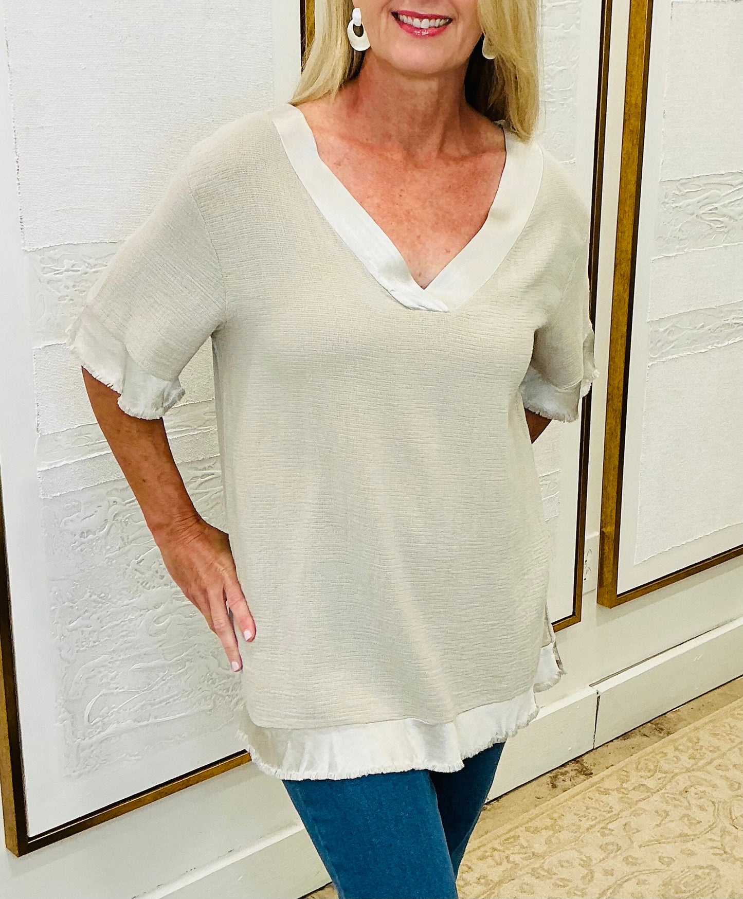 Satin Trimmed Linen Top