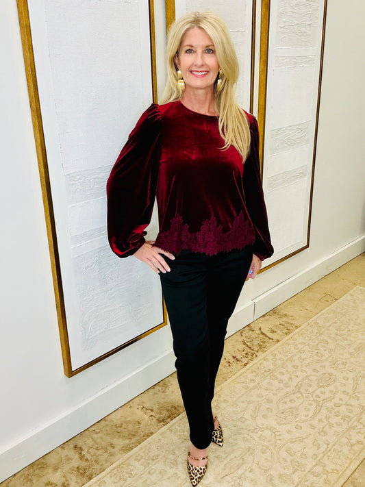 Burgundy Velvet Lace Detail Top