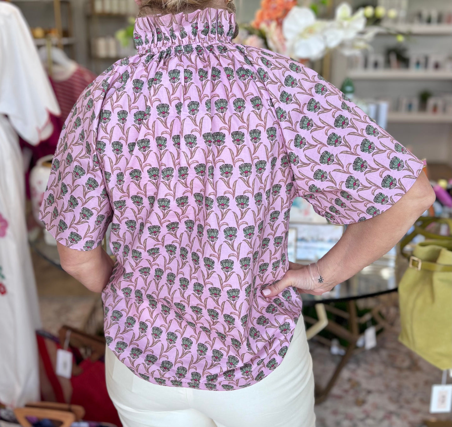 Pink Ruffle Neck Short Sleeve Top