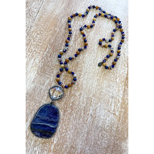 Blue & Orange Beaded Necklace w/Natural Stone