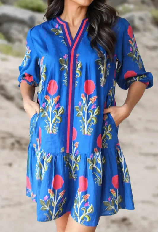 Blue Floral Long Sleeve Dress