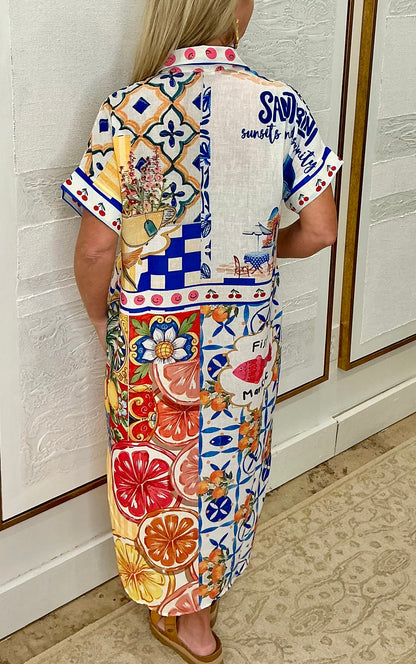 Mediterranean Print Dress - One Size