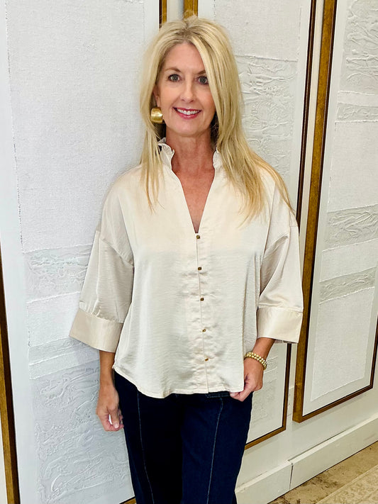 V Neck Button Down Shirt Cream