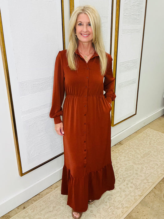 Rust Long Sleeve Tiered Maxi Dress