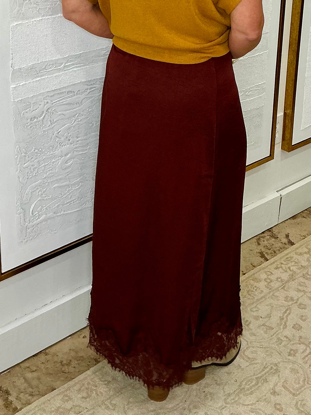 Burgundy Satin Lace Trim Skirt