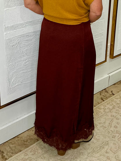 Burgundy Satin Lace Trim Skirt