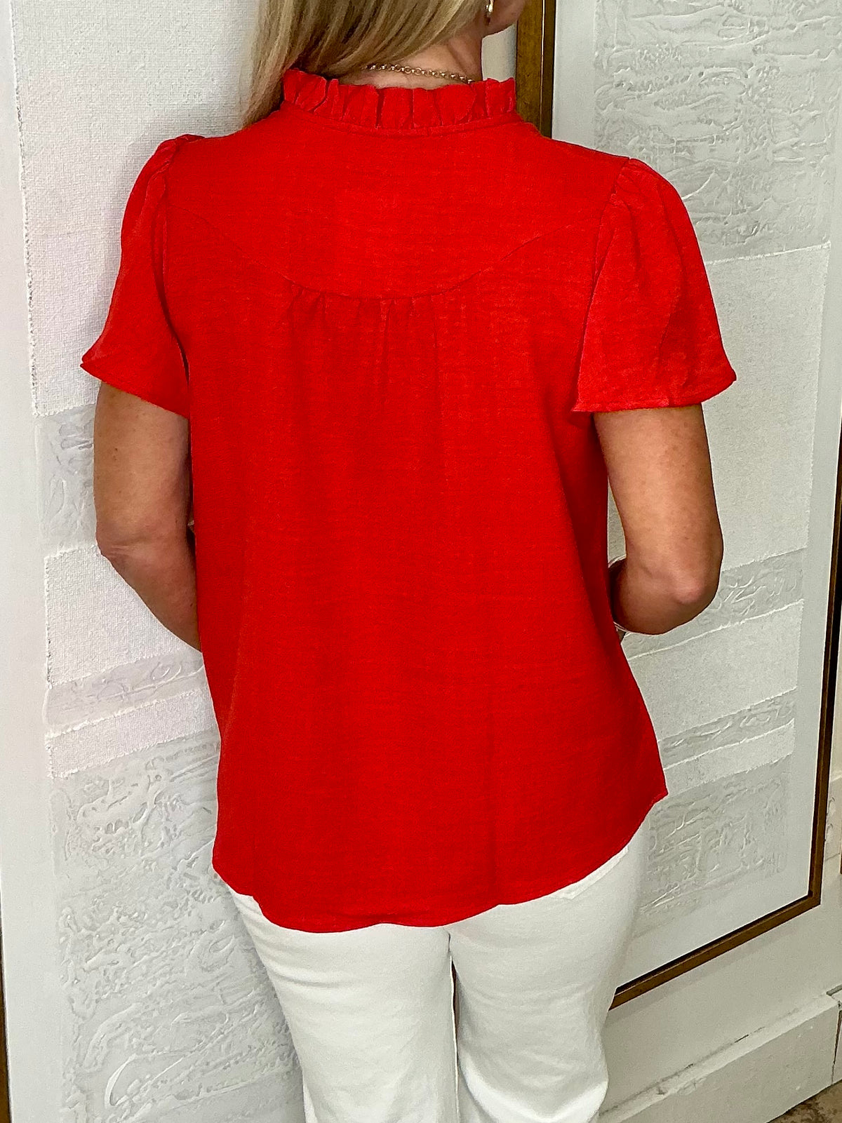 Short Sleeve Ruffle Red Top