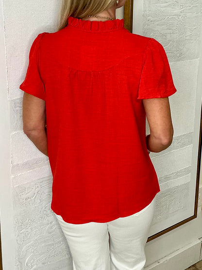 Short Sleeve Ruffle Red Top