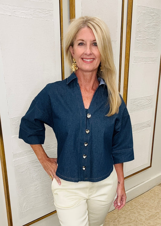 Denim Gold Button Detail Top