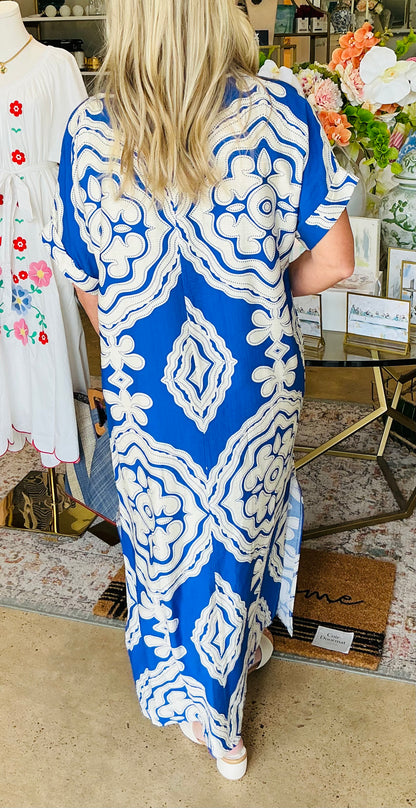 Blue V-Neck Short Sleeve Maxi Dress