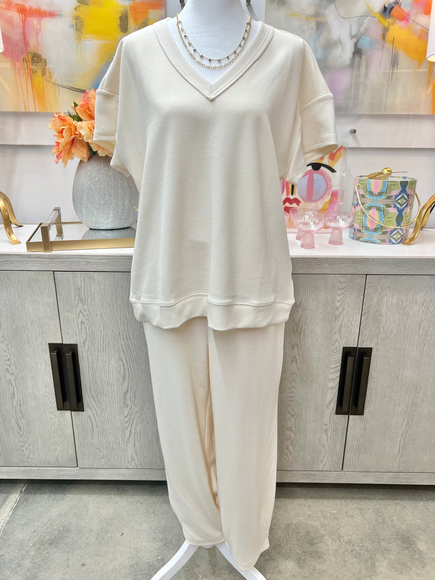 Cream V-Neck Pants Set