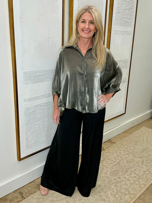 Black Metallic Pants w/Elastic Waist
