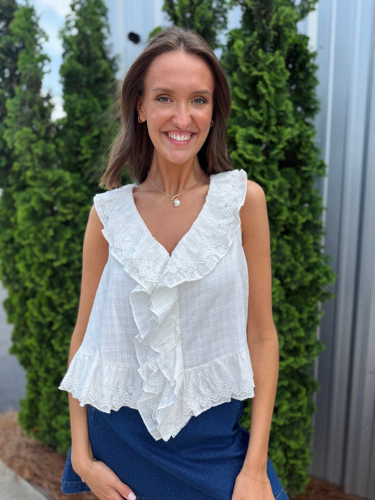 White Sleeveless Ruffle Top