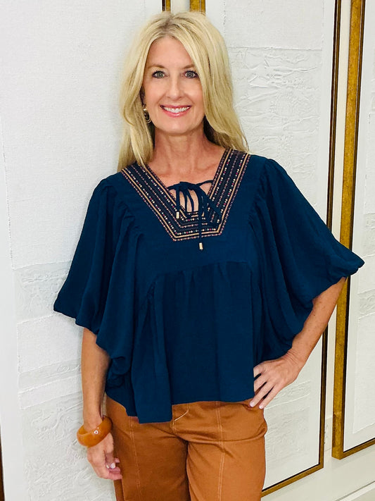 Navy Puff Sleeve Top