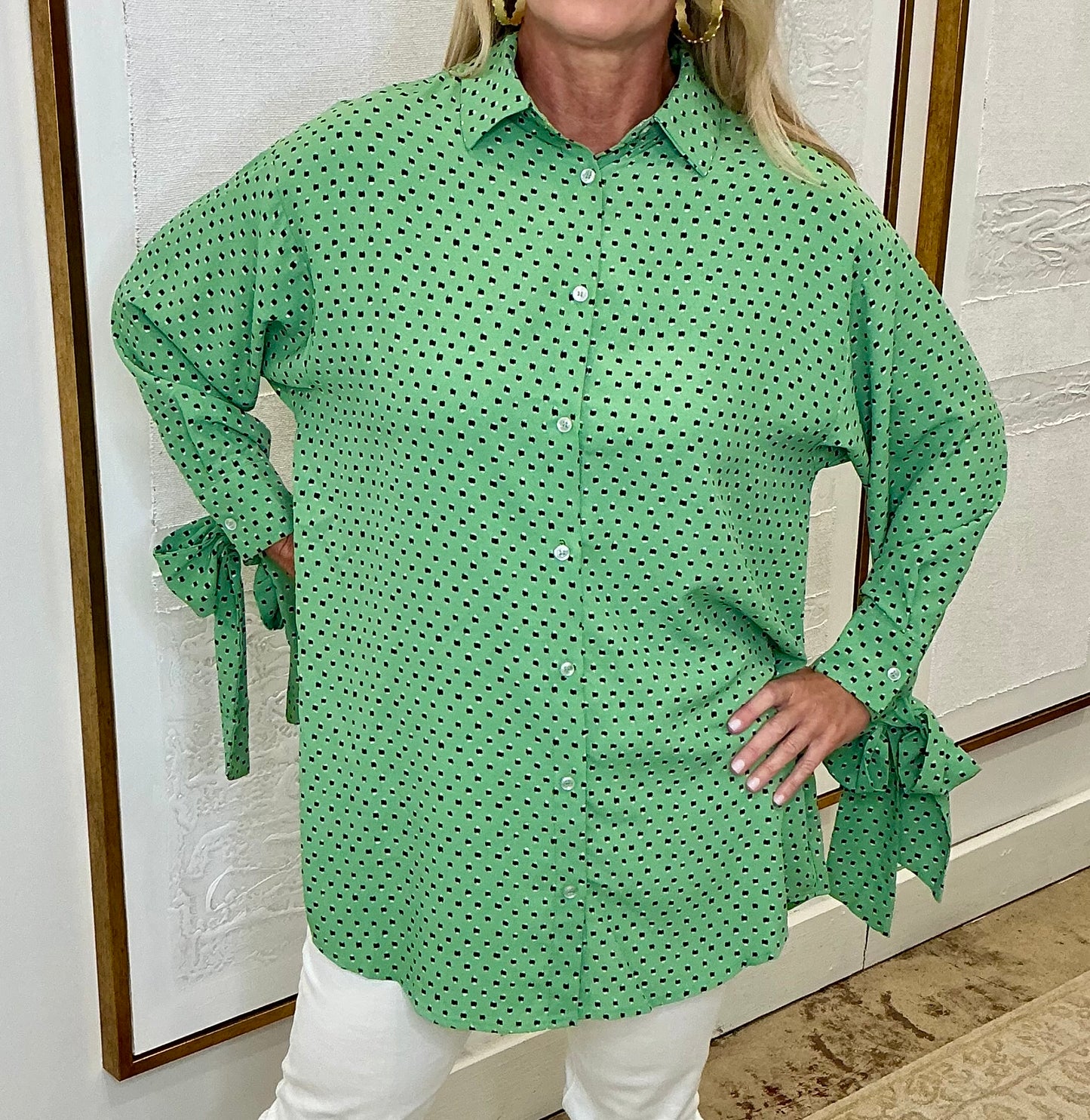 Tie Cuff Button Down Top/Sage