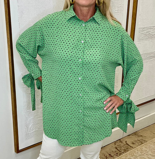 Tie Cuff Button Down Top/Sage