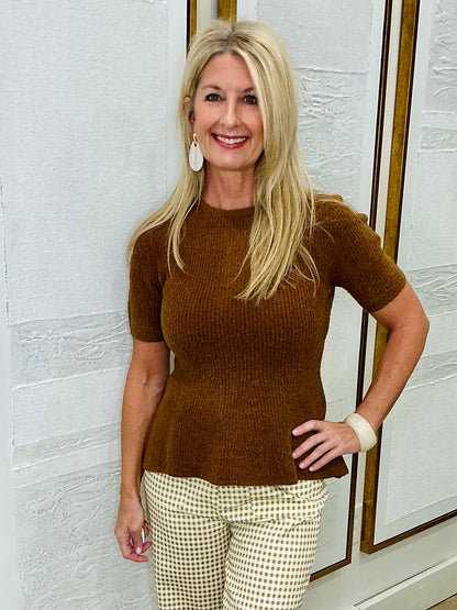 Camel Boucle Knit Peplum Top